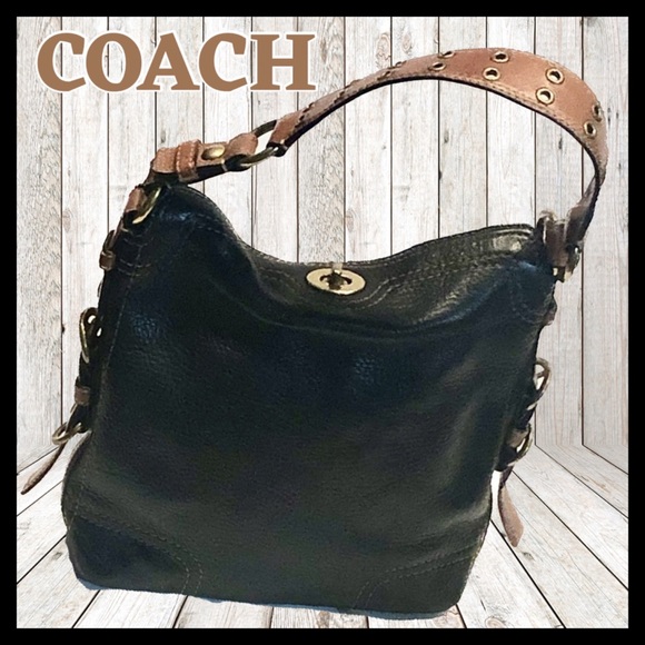 COACH Black & Tan Pebbled Leather Shoulder Bag - Picture 1 of 12